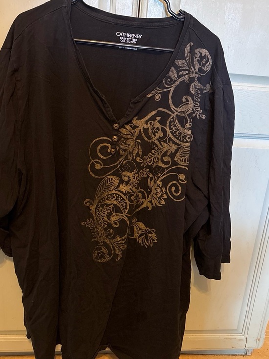 Catherines Tops - Catherines Black V-Neck Tunic with Gold Scroll Motif
